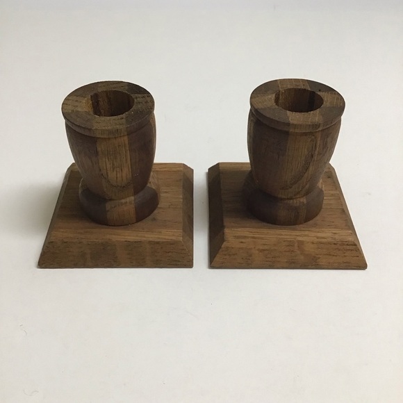 Vintage Folk Art Rustic Pair Small Solid Wood Candlestick Holders 3” Primitive - Picture 1 of 16